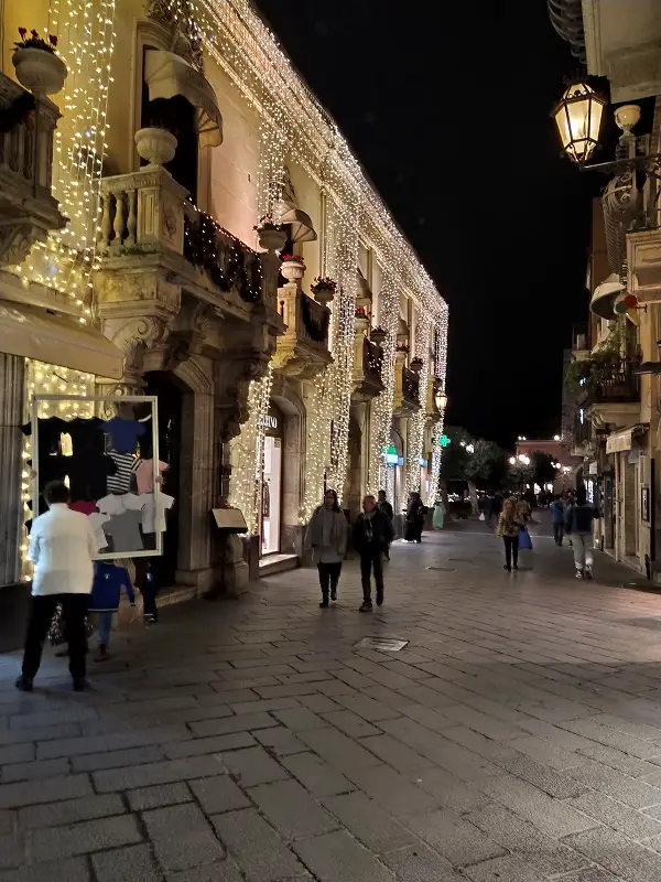 A festive street in Taormina at Christmas time.