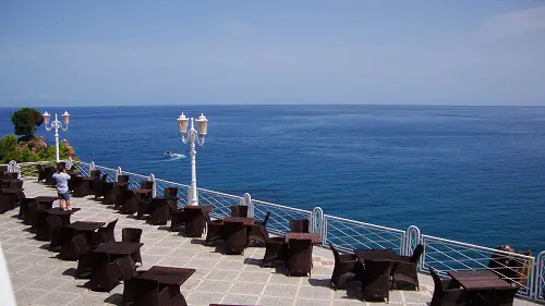 The breakfast terrace in a hotel in Cefalù.