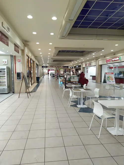 A shopping centre on a rainy day